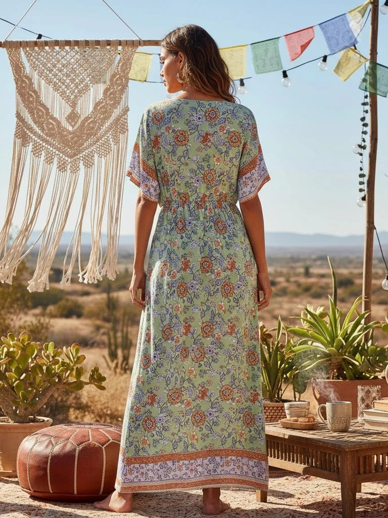 Vintage Chic Women Multi Floral Print Short Sleeve Beach Bohemian Maxi Dress Ladies V-neck Rayon Cotton Summer Boho Dresses Robe