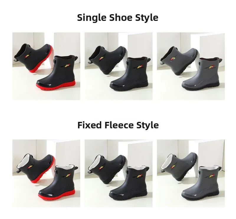 Men's Fleece Lined Tied Mouth Waterproof Outdoor Rain Boots Anti-slip Kitchen Work Rubber Shoes Warm Booties Plastic Material