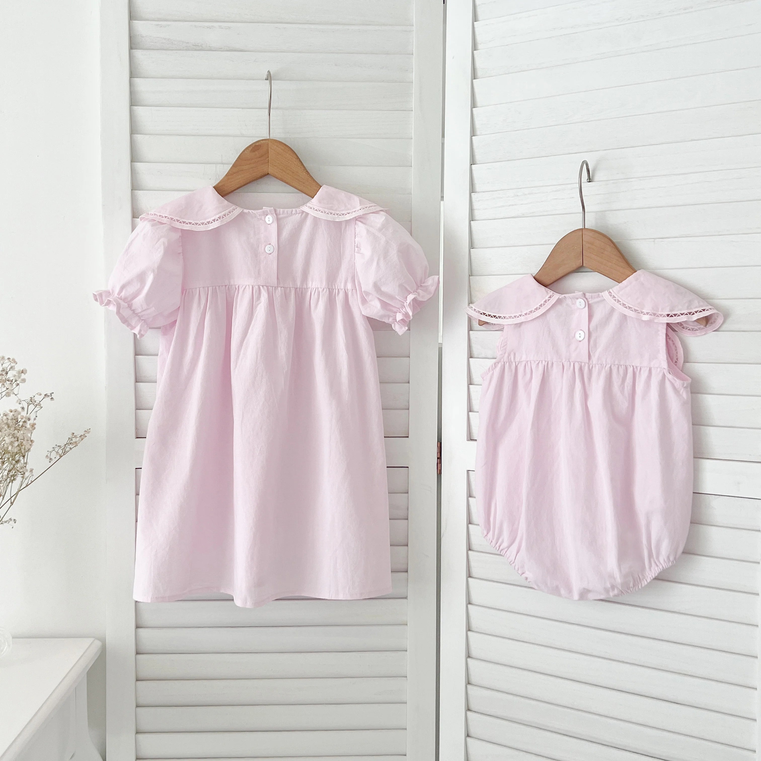 Sisters Dress Summer Kids Princess Dresses Short Sleeved Cotton Solid Color Splicing Infant Baby Romper Baby Girl Party Dress