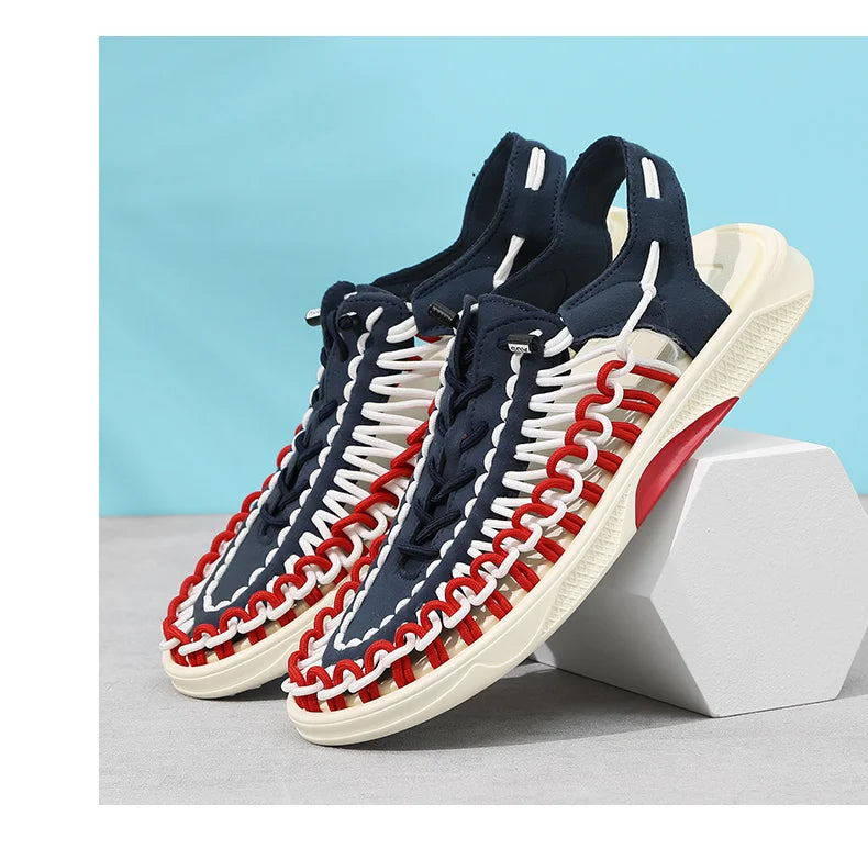2023 Summer Men's  Sandals Lace Up Hand Woven Sandals Thick Soled Soft Non Slip Casual Shoes High Quality Couple Beach Shoes