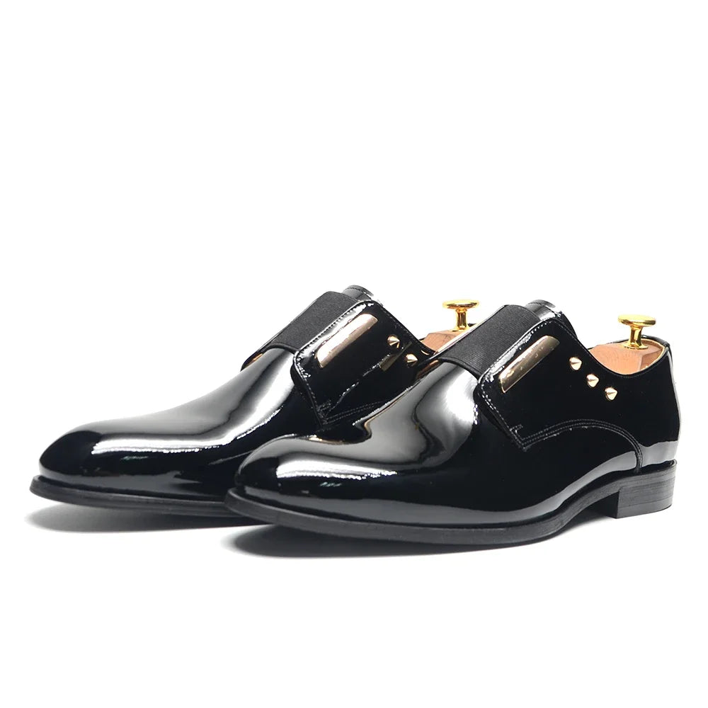 Luxury Men's Party Evening Dress Shoes 2024 Natural Cowhide Patent Leather Gold Rivets Suits Loafers Elastic Band Slip-on Derby