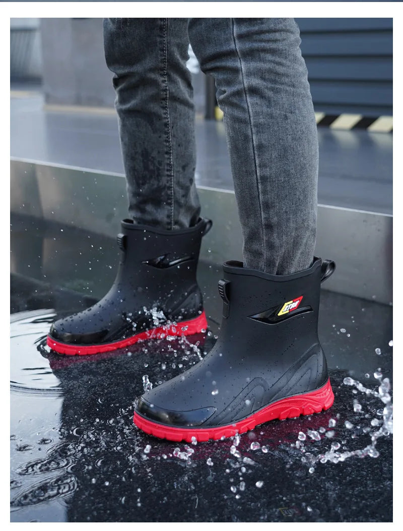 Men's Fleece Lined Tied Mouth Waterproof Outdoor Rain Boots Anti-slip Kitchen Work Rubber Shoes Warm Booties Plastic Material