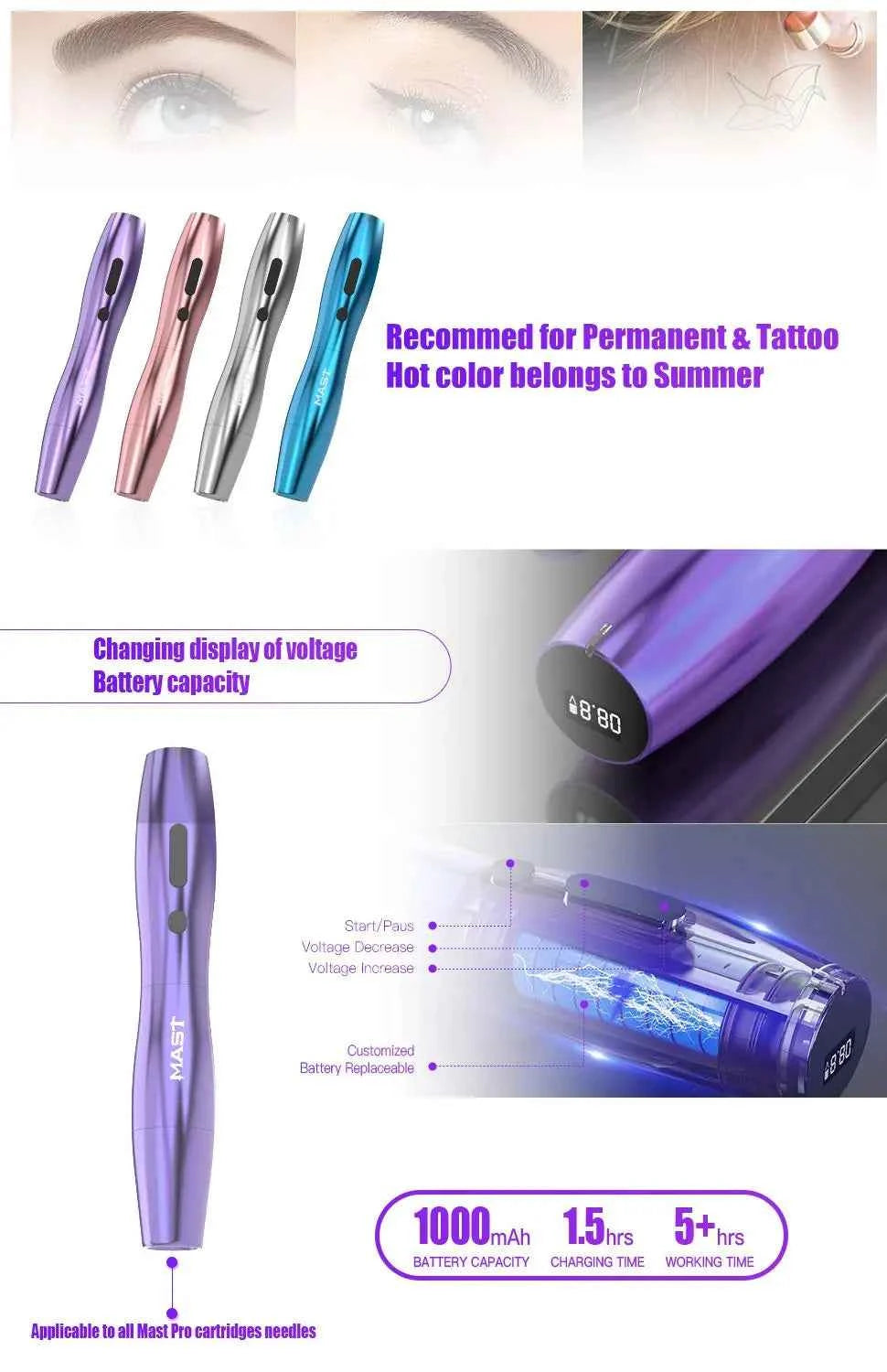 Mast P20 Wireless Tattoo Machine Kit - 2.5mm Stroke, 1000mAh Battery, Lightweight Design for Effortless PMU Mastery