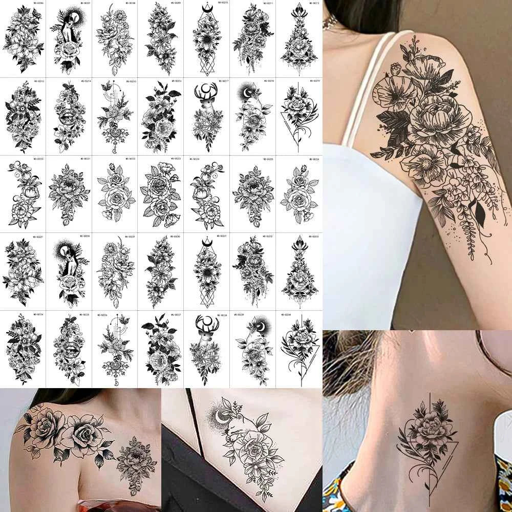 35pcs Realistic Peony Rose Temporary Tattoo Deer Crescent Floral Body Art Waterproof Stickers Lasting Arm Leg Hand Neck Tattoos*