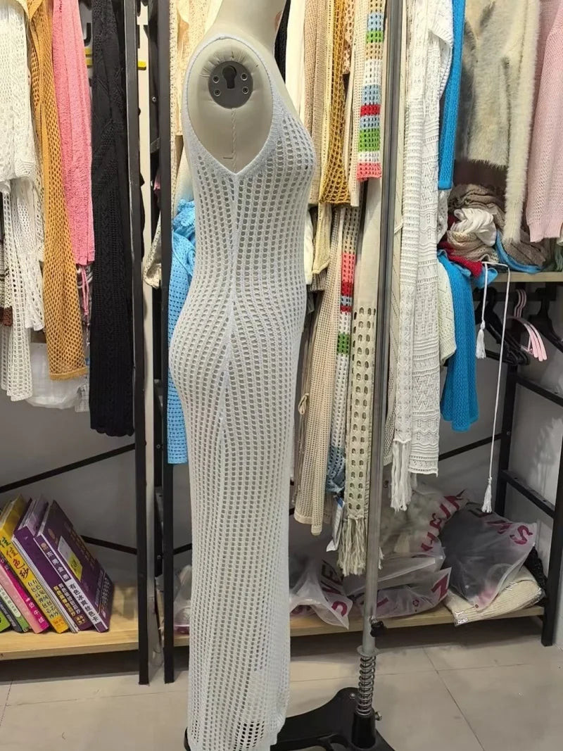 Maxi Dress Sexy Style Knitting Breathable Beachwear Cover Ups Hollow Leakage Waist Long Dress Holiday Sunscreen Camisole Dress