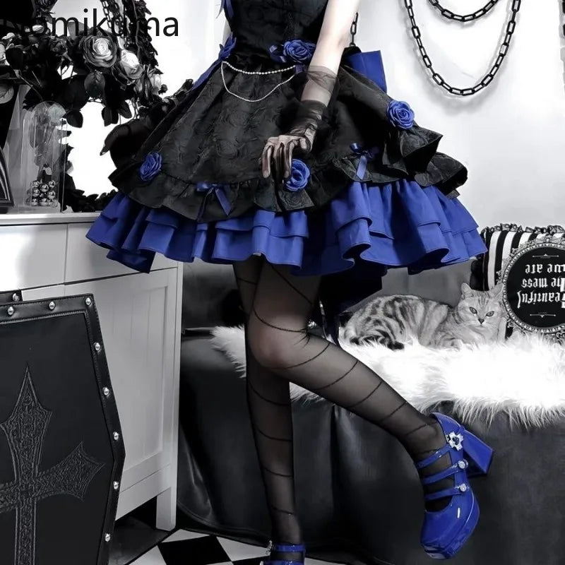 Gothic Lolita Summer Dress - High Waist Bow, Sweet Y2K Style Sling Robe for Women