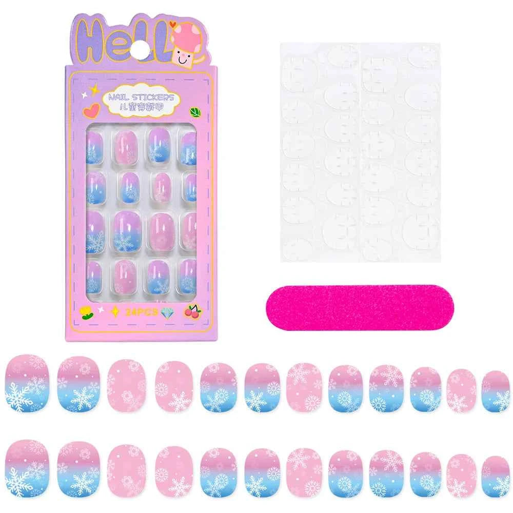 24pcs Princess Girls Christmas Press On Nails Candy Color Kawaii Christmas Tree Snowman False Nails New Year Children Fasle Nail