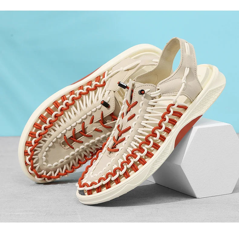 2023 Summer Men's  Sandals Lace Up Hand Woven Sandals Thick Soled Soft Non Slip Casual Shoes High Quality Couple Beach Shoes