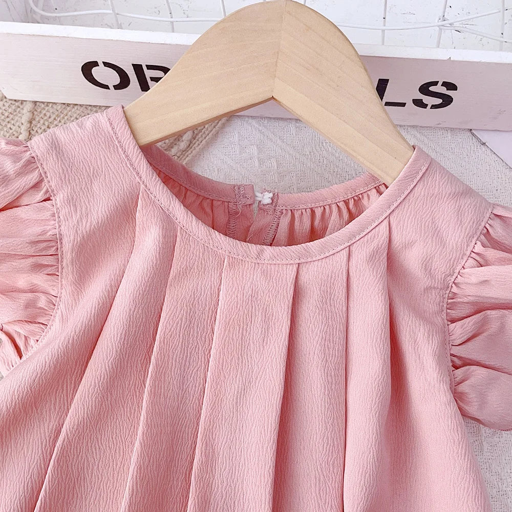 Bear Leader 3-7Y Baby Girls Princess Dresses Round Neck Summer Solid Color Kids Dress Flying Sleeve Pleated Pink Girl Clothes