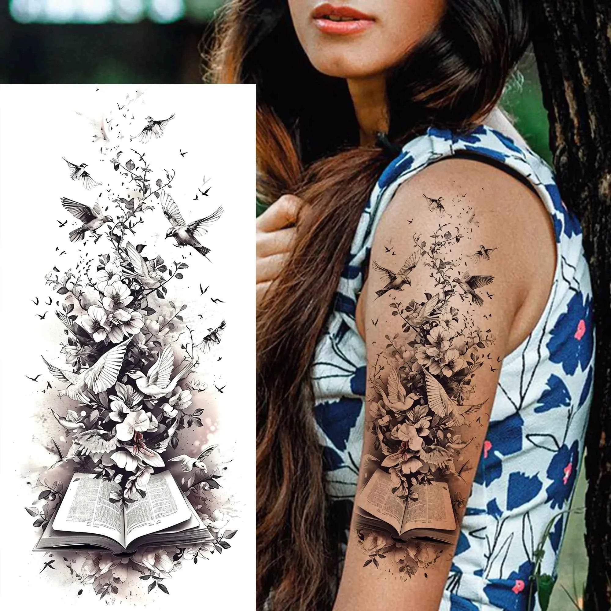 1 Sheet Flying Birds Flowers Book Temporary Tattoos For Women Waterproof Realistic Floral Animals Fake Tattoo Sticker Last Long
