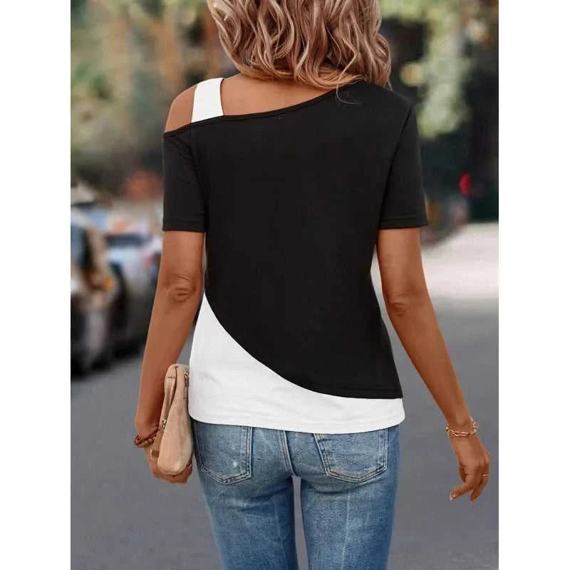 Chic Color Blocking Short Sleeved Women Solid Color Off Shoulder Asymmetric T-Shirt Female Summer Casual Tops The jack market .AU The jack market .AU Woman Fashion $ 57 14:193#pink black;5:361385