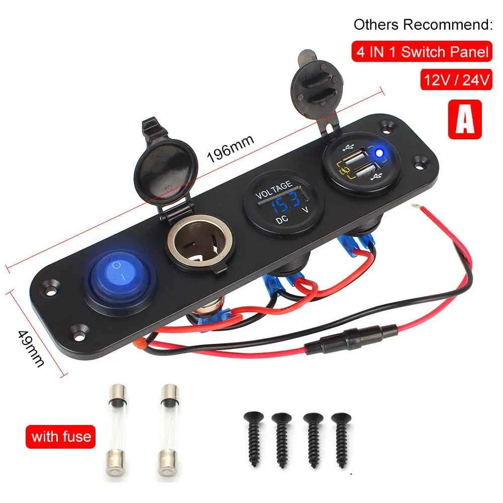 12V 24V 6 Buttons Car Switch Panel 15A Fuse Marine Circuit Breaker Voltmeter Tester Light Toggle USB Chargers 3.0 Auto Splitter