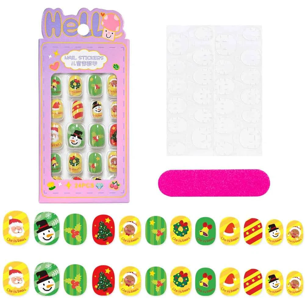 24pcs Princess Girls Christmas Press On Nails Candy Color Kawaii Christmas Tree Snowman False Nails New Year Children Fasle Nail