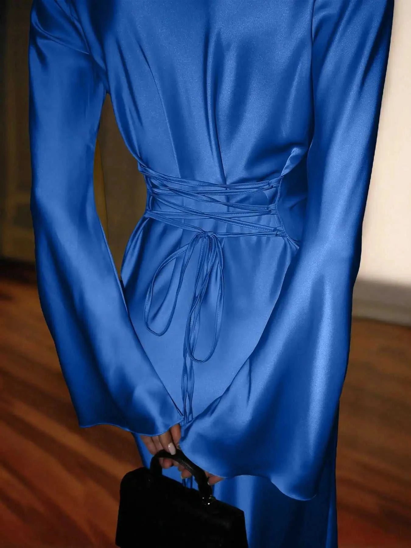 Women's Satin Maxi Dress – Corset Waist Tie, O-Neck & Flared Sleeves | Bohemian Evening Dress The jack market .AU The jack market .AU Woman Fashion Dress $ 70 14:1052;5:4182