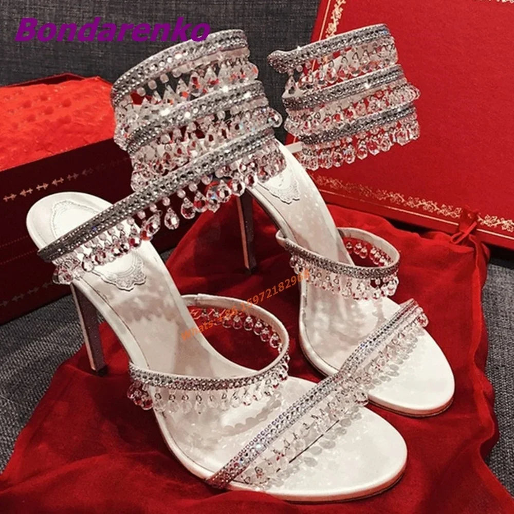 Newest Rhinestone Serpentine Sandals Women Shoes Open Toe Solid Hollow Stiletto Heel Sandal Slip On Summer Party Dress Sexy Shoe