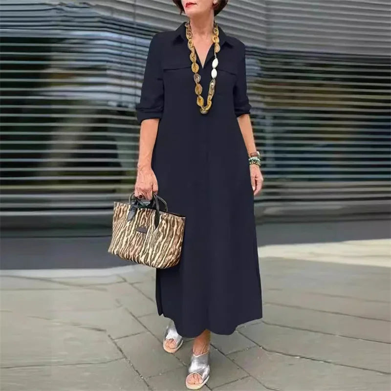 Women Spring Autumn Long Sleeve Lapel Single-breasted Cardigan Dress Double Pocket Splicing Dresses Elegant Female Commuter Gown