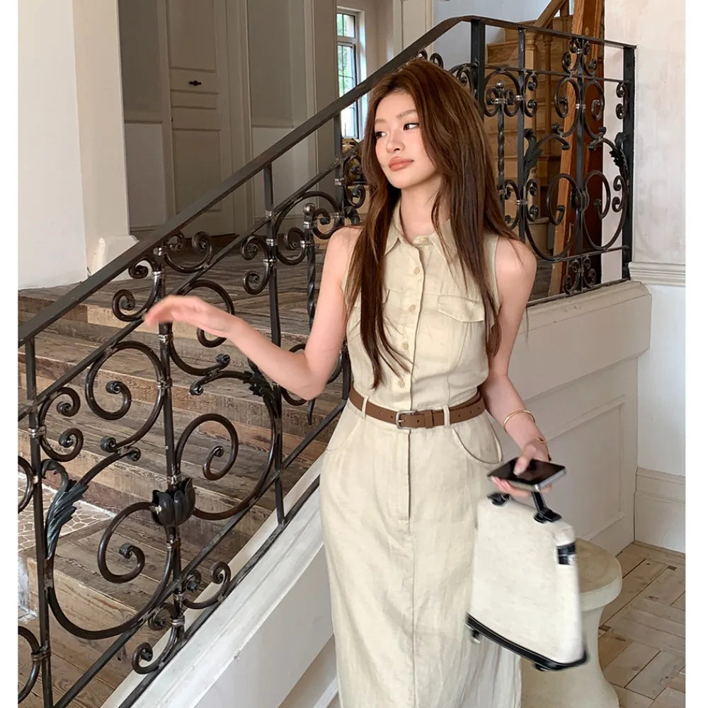 Elegant Moments Spring Summer Sleeveless Office Dress - Chic Turn-down Collar for Effortless Style at Evening Parties
