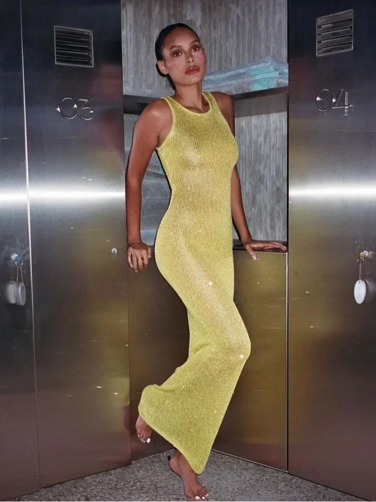 Women Sexy Yellow Glitter Splicing Square Neck Long Dress Casual Slim Sleeveless Sling Maxi Dresses Female Summer Holiday Robes