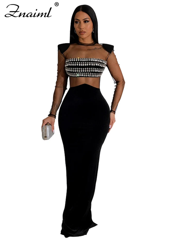 Znaiml Elegant Evening Birthday Diamonds Rhinestone Formal Prom Dress Woman Sexy Club See Through Mesh Patchwork Party Vestidos