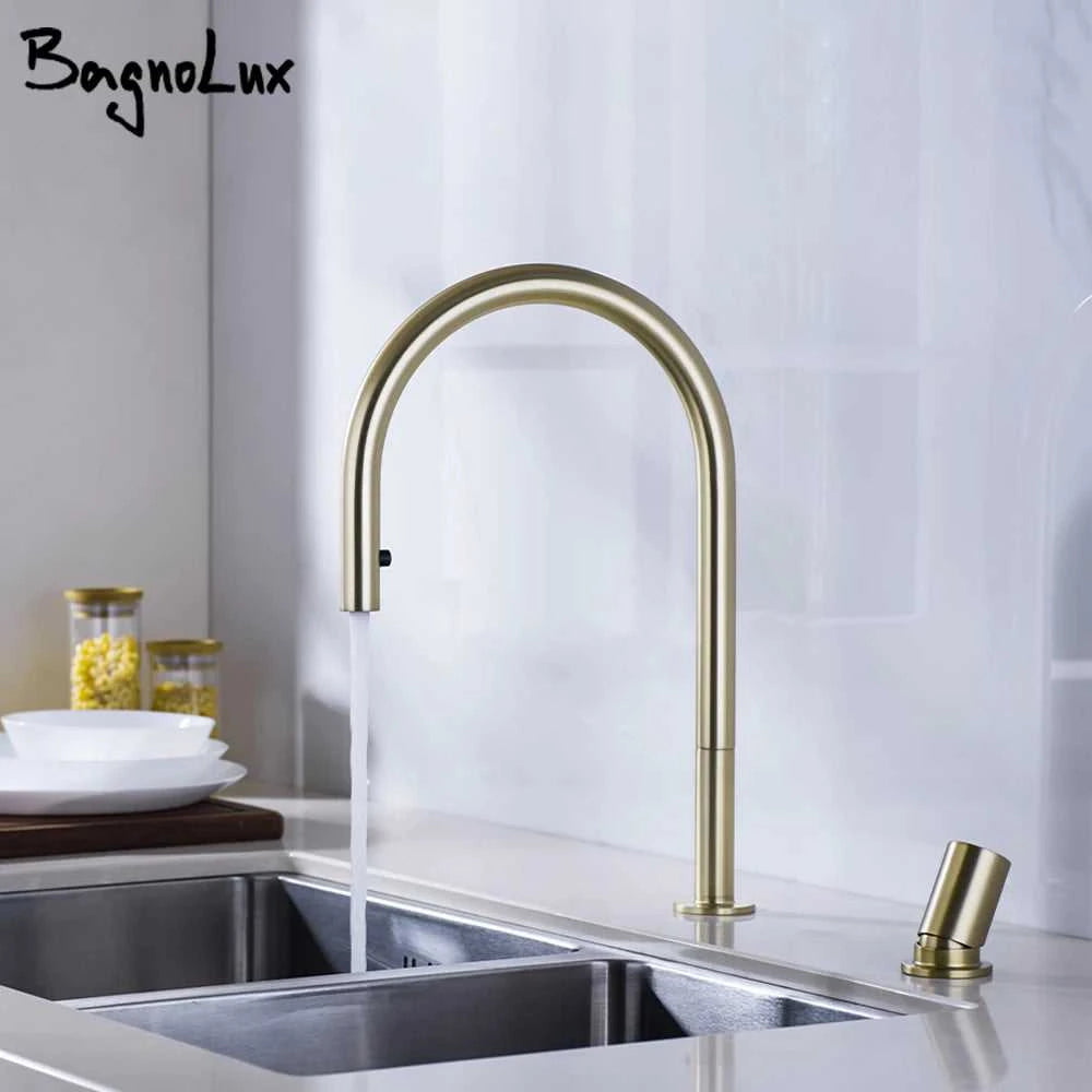 Brushed Gold Kitchen Faucet Invisible Pull Out Spray Mixer Double Hole Single Handle Solid Brass Hot and Cold Sink Tap The jack market .AU The jack market .AU Home $ 244 14:10#39BG-L