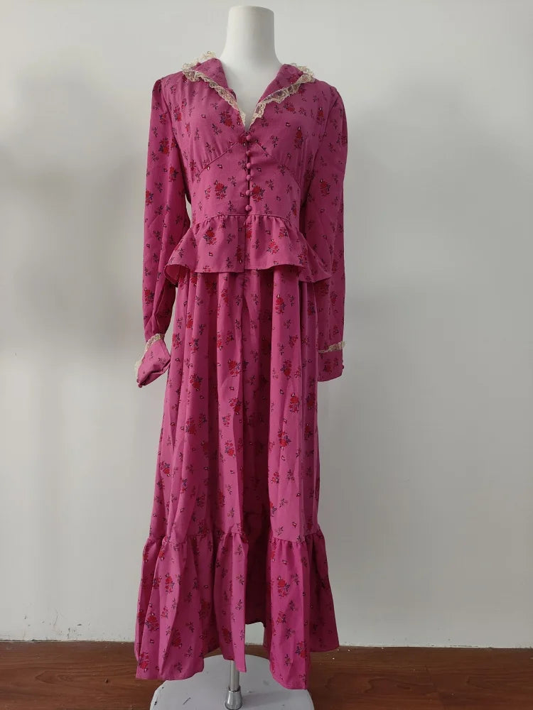 Rose Red Flower Autumn Long Sleeve French Vintage Dress V-neck Waist Cinched Slimming Ruffle Large Swing Long Dress for Women