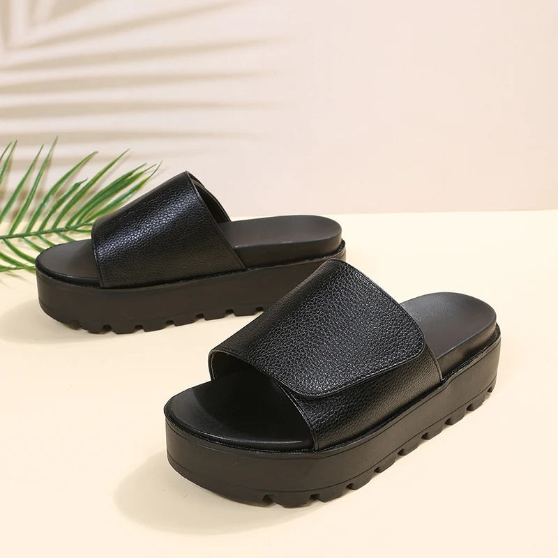 Rimocy Black PU Leather Platform Slippers Women Plus Size 43 Thick Soled Sandals Woman 2025 Summer Non-slip Slides Shoes Female