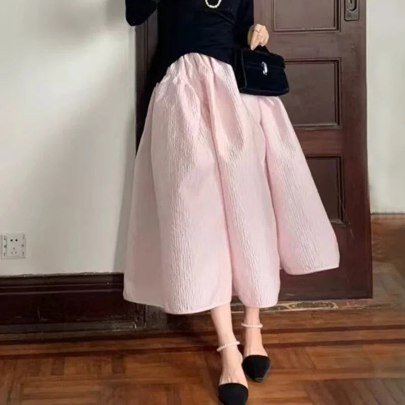Elastic Waist A-Line Party Bubble Skirt Solid Color Big Hem Puffy Midi Skirt Evening Dress Daily Casual Women Outerwear Clothing