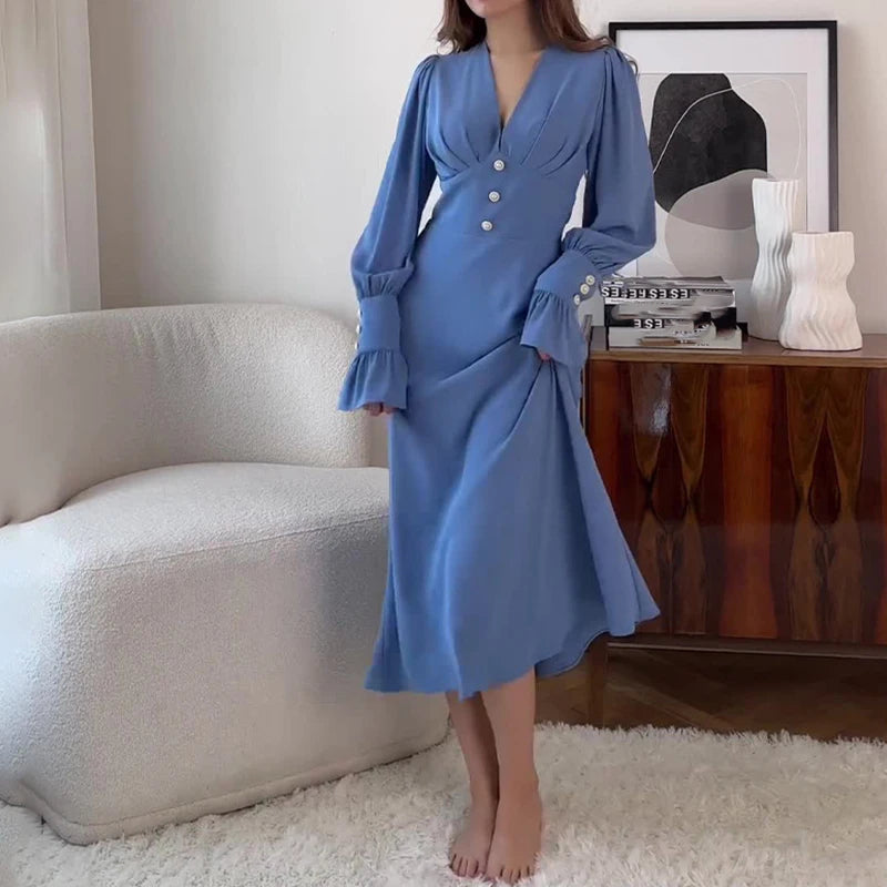 Women's Elegant Deep V-neck Chiffon Party Dress Casual Lantern Sleeves Solid Waist Slim Long Dress Fashion Draped Evening Dress