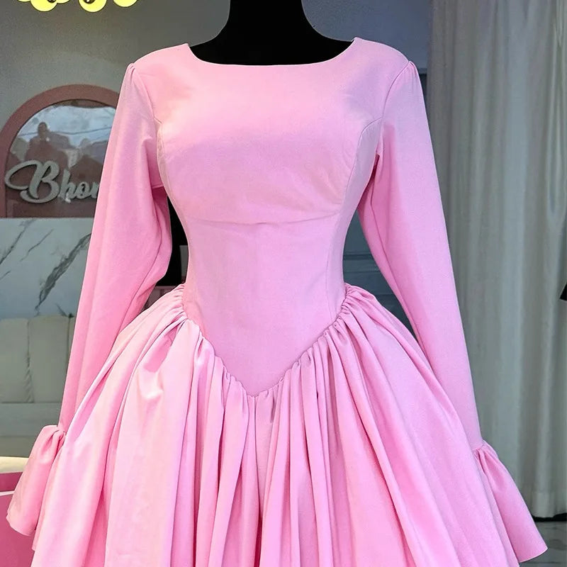 Elegant Pink A-Line Dress for Women - Pleated Round Neck, High Waist, Perfect for Parties and Weddings
