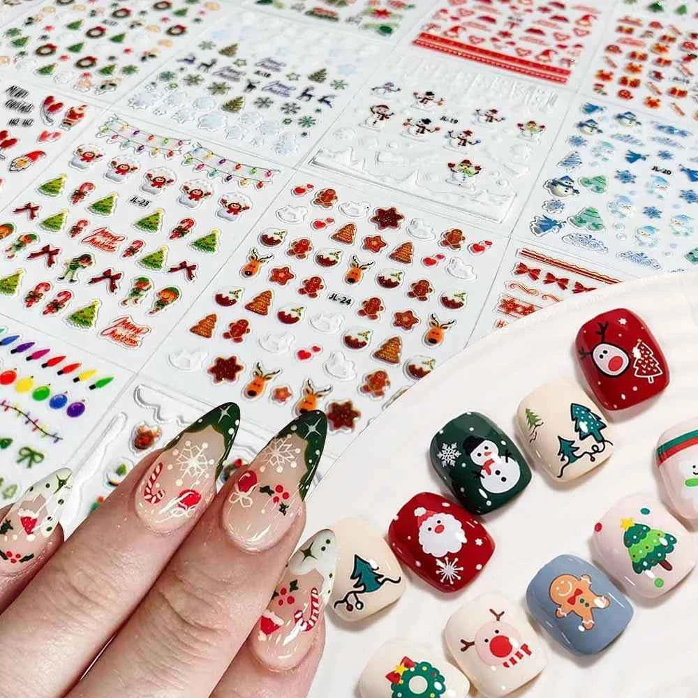 Festive Nail Art Stickers – 30pcs Glitter Christmas Designs with Snowmen, Elks, Santa, and Candy Canes for Winter Manicure