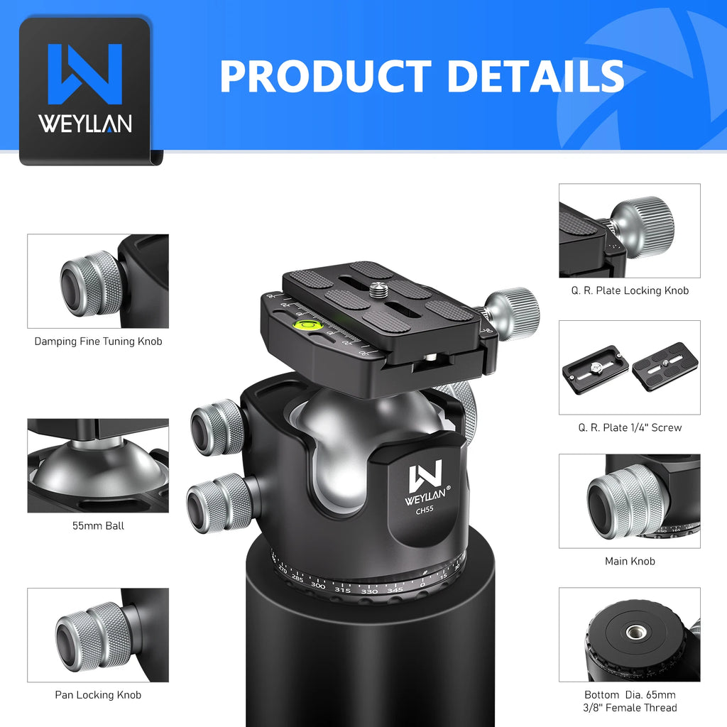 WEYLLAN CH55 Professional Tripod Ball Head 360° Low Gravity Center Panoramic CNC 55mm Ball for Tripod Monopod DSLR Camcorder New