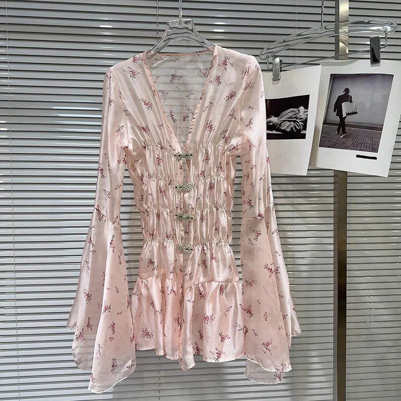DEAT Fashion Women's Rhinestone Button Floral Pattern Flared Sleeve Chiffon Dress Elegant Holiday Dresses Female 11A04065