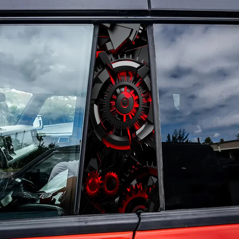 2 pieces, B-pillar car stickers Red mechanical gears Protective film, suitable for all vehicle models
