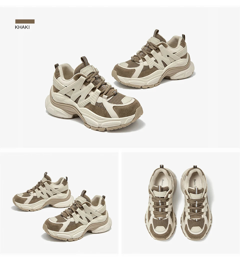 BEAUTODAY Platform Sneakers Women Mesh Solid Color Breathable Trainers Lace-up Round Toe Thick Sole Ladies Shoes Handmade 29462