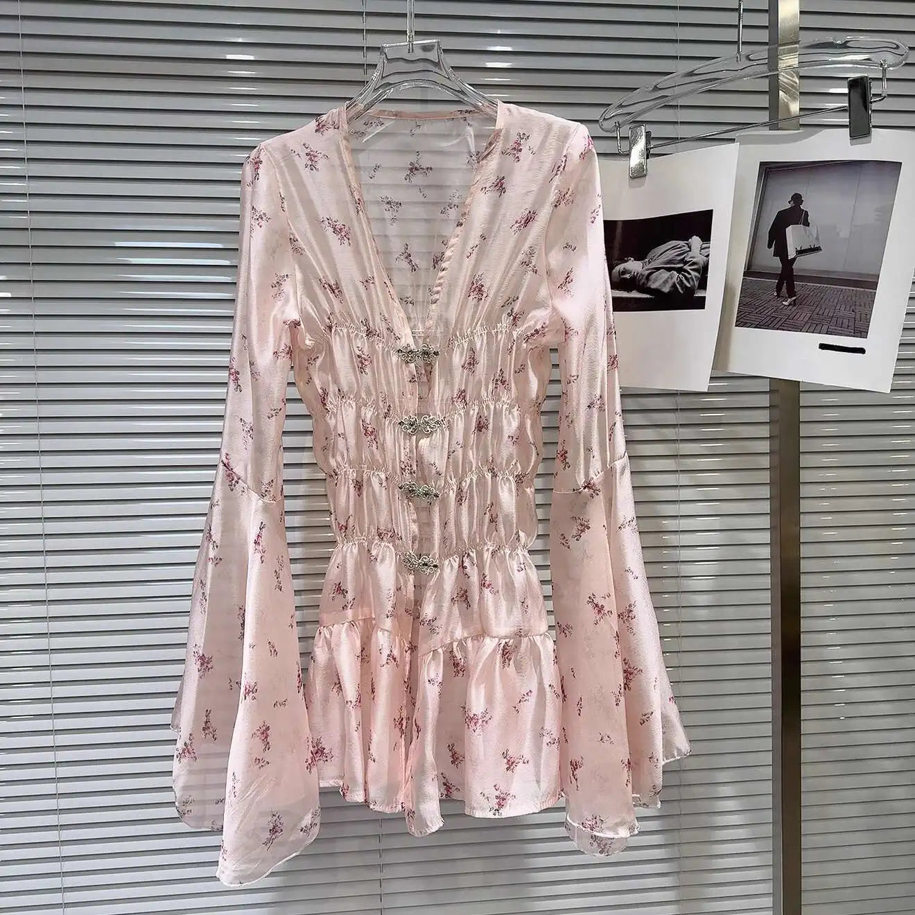 DEAT Fashion Women's Rhinestone Button Floral Pattern Flared Sleeve Chiffon Dress Elegant Holiday Dresses Female 11A04065