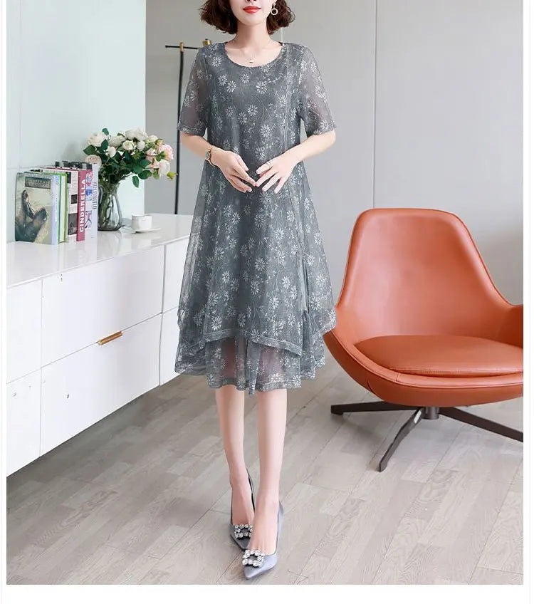 Fashion Casual Irregular Loose Midi Dress Female Clothing Commute Round Neck Summer Short Sleeve Gauze Patchwork A-Line Dresses