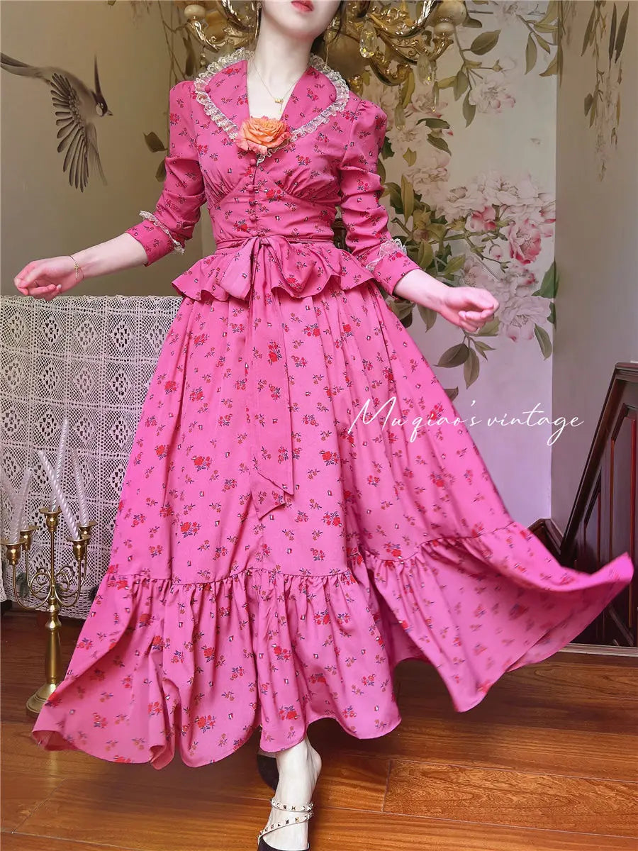 Rose Red Flower Autumn Long Sleeve French Vintage Dress V-neck Waist Cinched Slimming Ruffle Large Swing Long Dress for Women