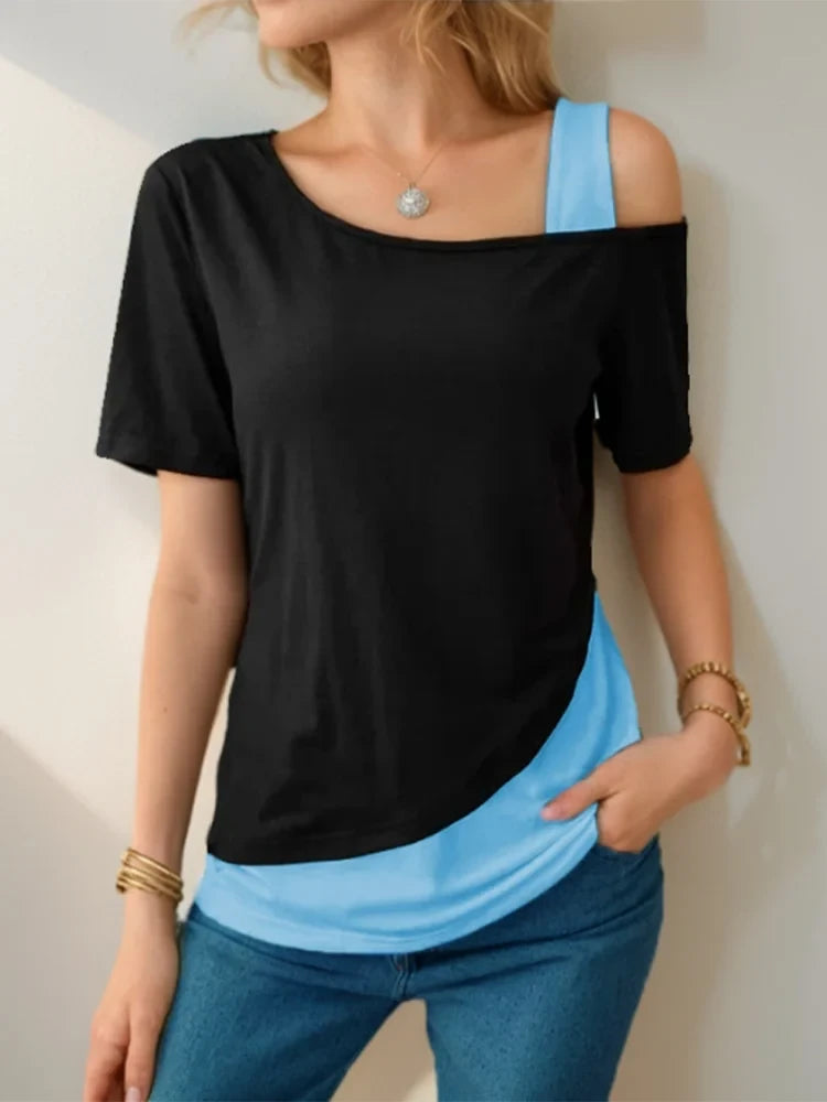 Chic Color Blocking Short Sleeved Women Solid Color Off Shoulder Asymmetric T-Shirt Female Summer Casual Tops The jack market .AU The jack market .AU Woman Fashion $ 57 14:193#pink black;5:361385