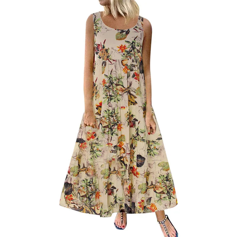 Women's Floral Boho Midi Dress – Loose Sleeveless Summer Dress