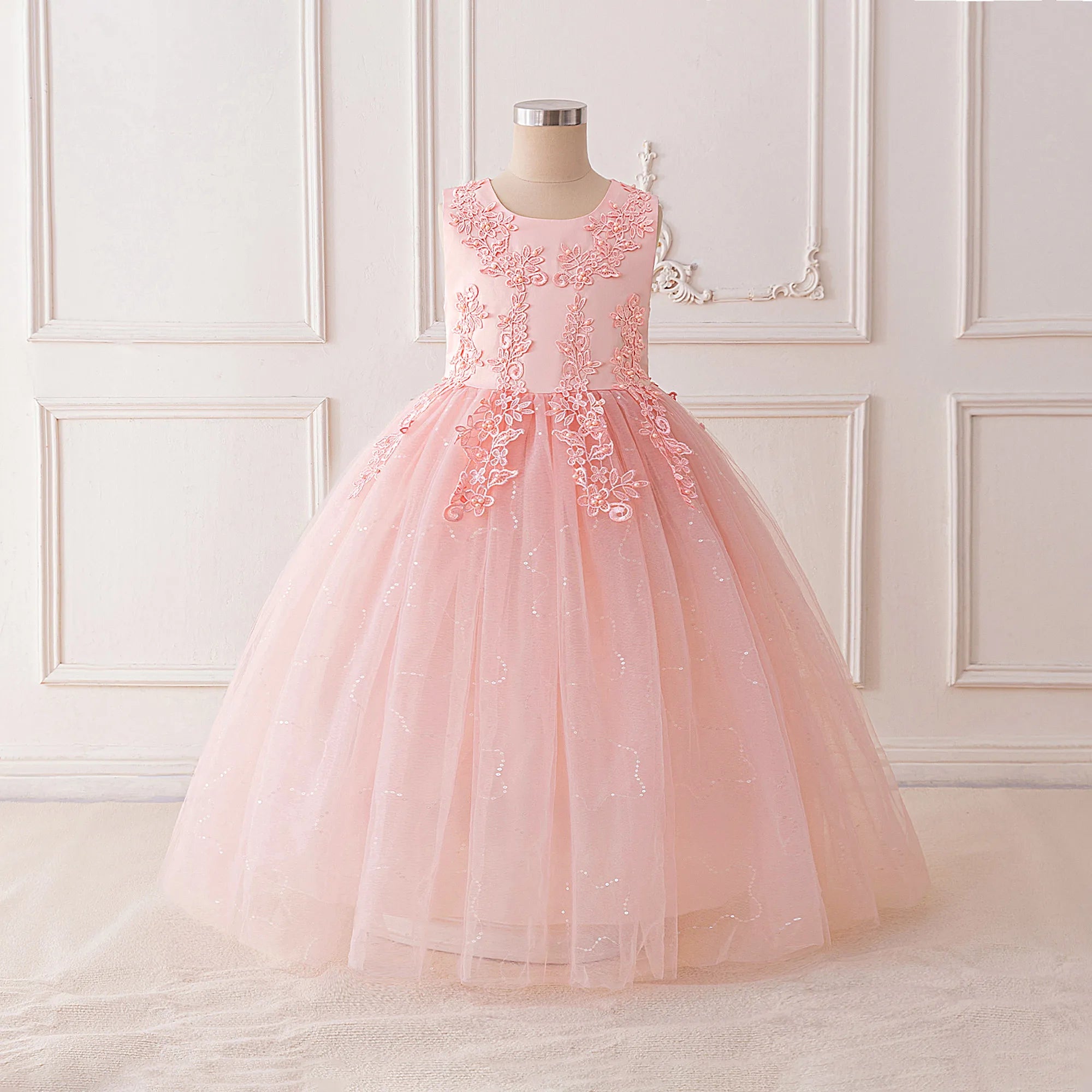Fashion Flower Bridesmaid Girls Dress Elegant Bow Wedding Evening Princess Birthday Party Dress Graduation Baptism Kids Clothing