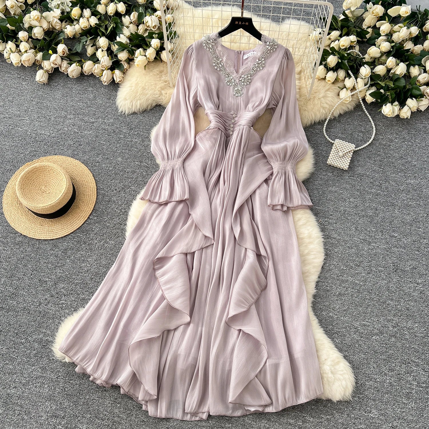 Spring Autumn Women Party Long Dress Elegant Female Red/Purple/Beige/Black Diamonds Patchwork Ruffle A-Line Maxi Vestidos New