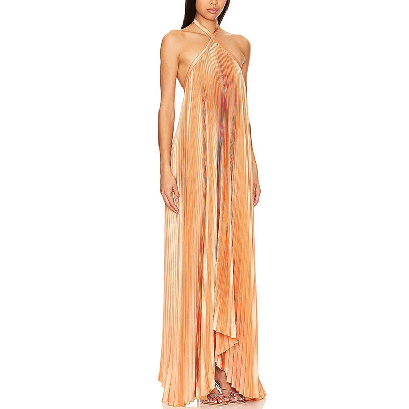 Sexy Halter Lace-up Backless Evening Dress Womens Spring Solid Rib Pleated Long Dress Summer Sleeveless Hollow Boho Maxi Dresses