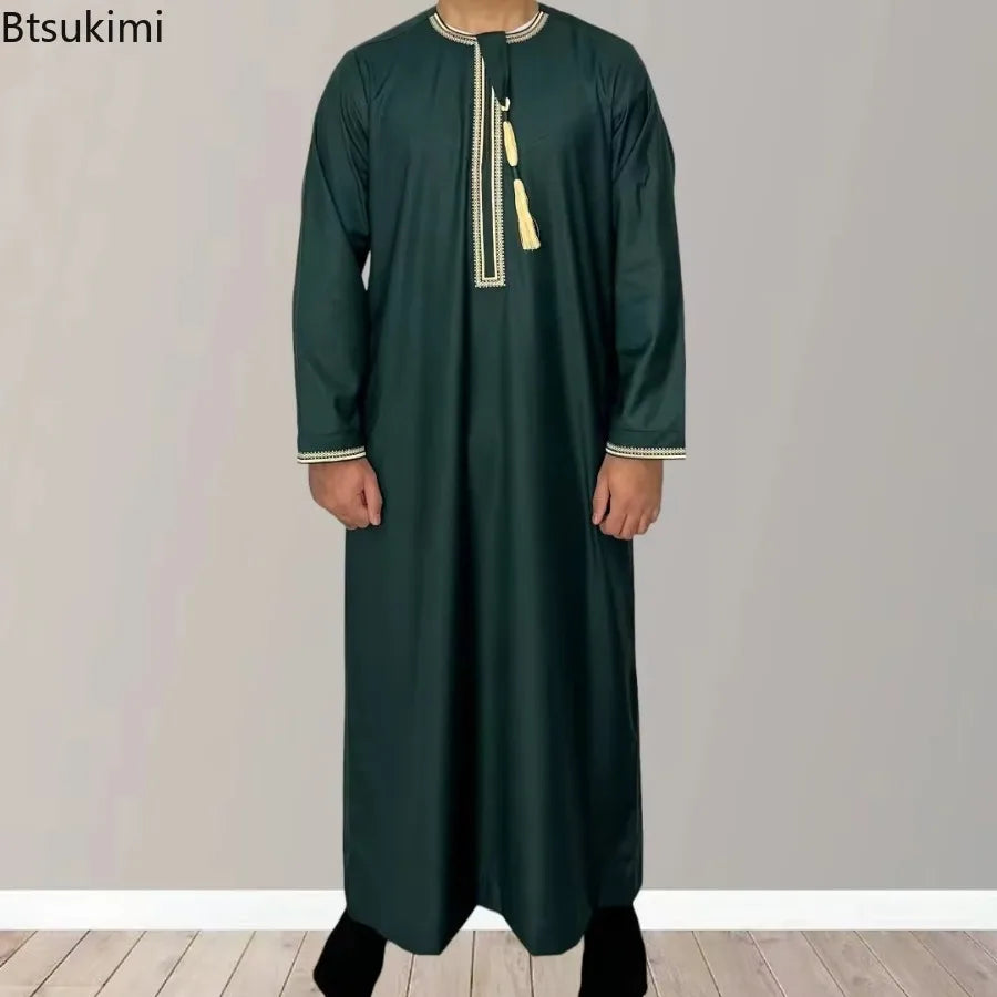 New 2026 Men's Muslim Abayas Dress Long-sleeved Pullover Kaftan Robe Men Jubba Thobe Pakistan Saudi Arab Caftan Islamic Clothing