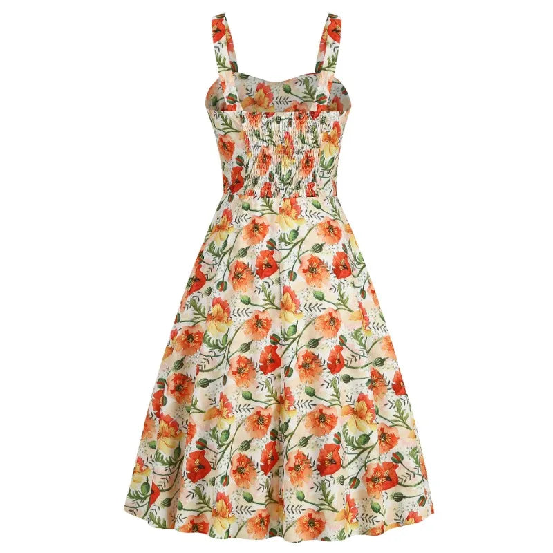Vintage Charm Summer Midi Dress - Cute Print, Ruched Bust, High Waist for Effortless Beach Style