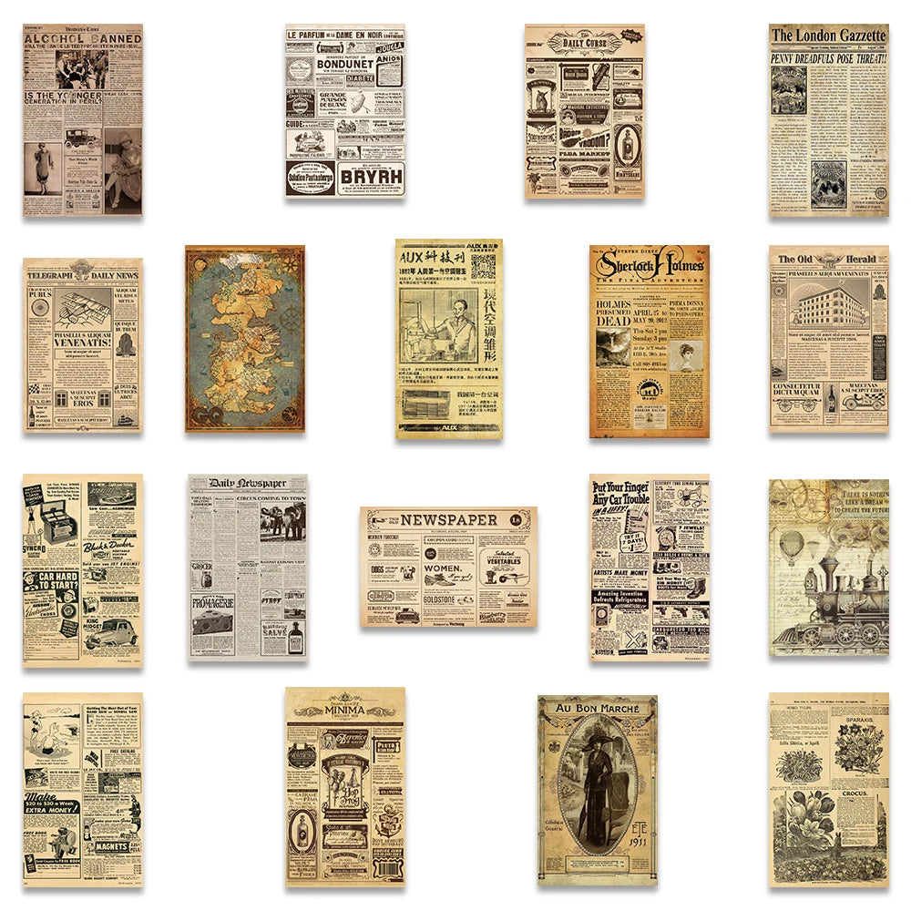 35PCS Yellowed Old Newspaper Vintage Parchment Retro Stickers Decals DIY Car Suitcase Scrapbook Phone Laptop Bike Sticker