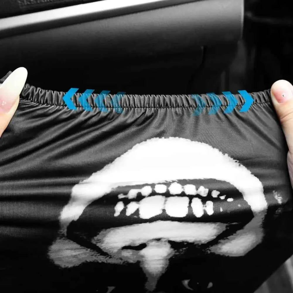 2Pcs Universal Car Seat Cover Black Skull Pattern Breathable Headrest Cover Dust-proof Elastic Car Seat Headrest Interior Decor