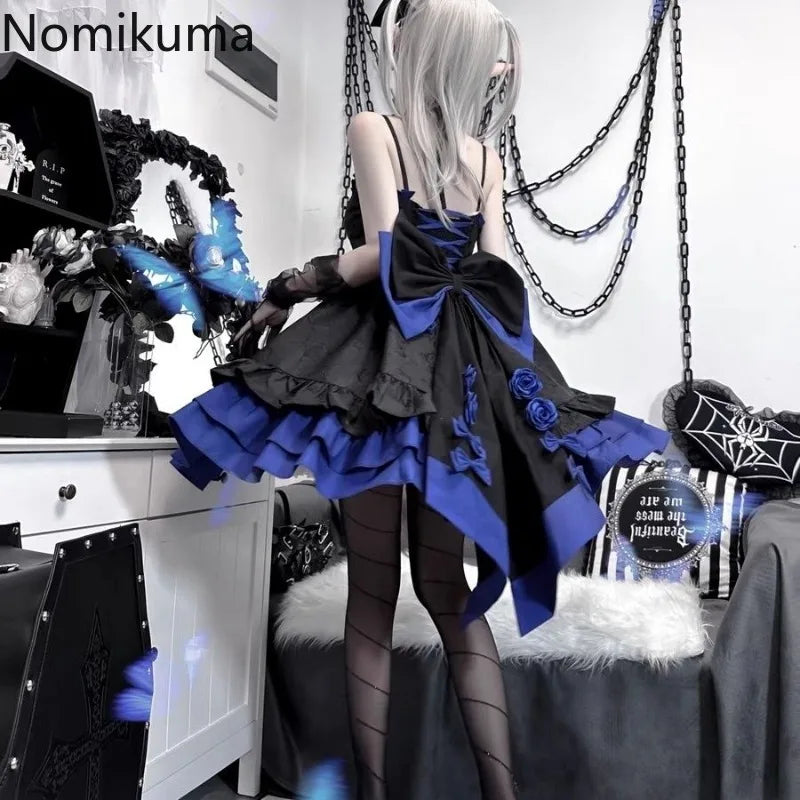 Gothic Lolita Summer Dress - High Waist Bow, Sweet Y2K Style Sling Robe for Women