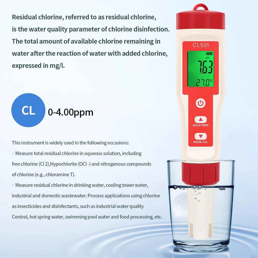 Multifunctional Chlorine Testing Pen 2/3/4/5 in 1 Water Quality Tester CL2 TEMP pH H2 ORP Measuring For Aquarium Swimming Pool