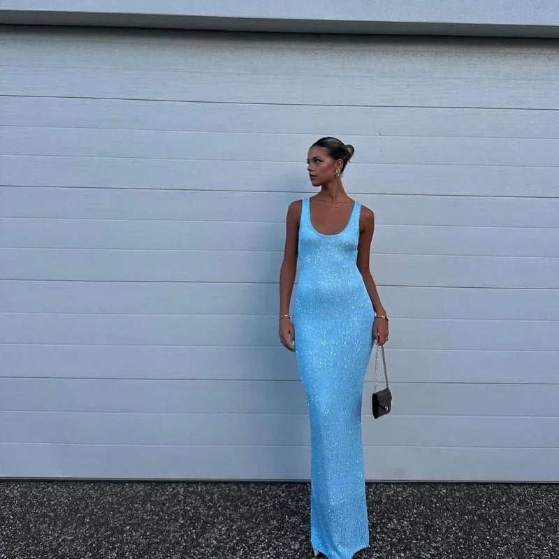 Women Sexy Yellow Glitter Splicing Square Neck Long Dress Casual Slim Sleeveless Sling Maxi Dresses Female Summer Holiday Robes