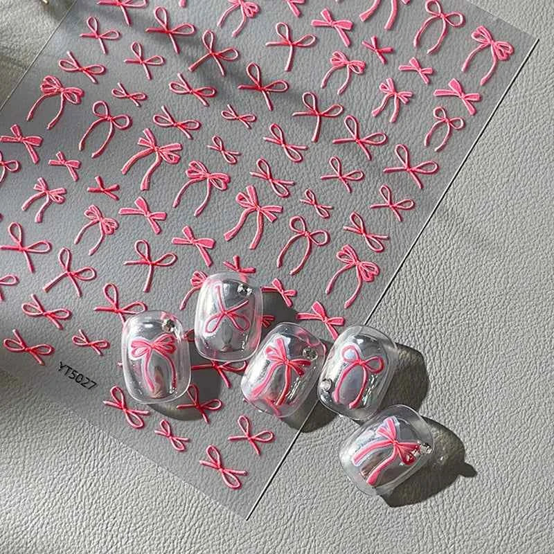 Brand Name Bowknot Nail Art Stickers - Vintage Self-Adhesive Decals in White, Pink & Black for Cute Manicures